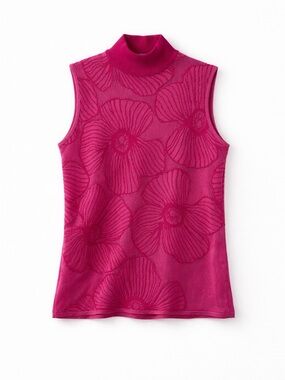 FUZZI Pink Floral Virgin Wool Blend Mock Neck Sleeveless Mesh Top Italy‎ Small